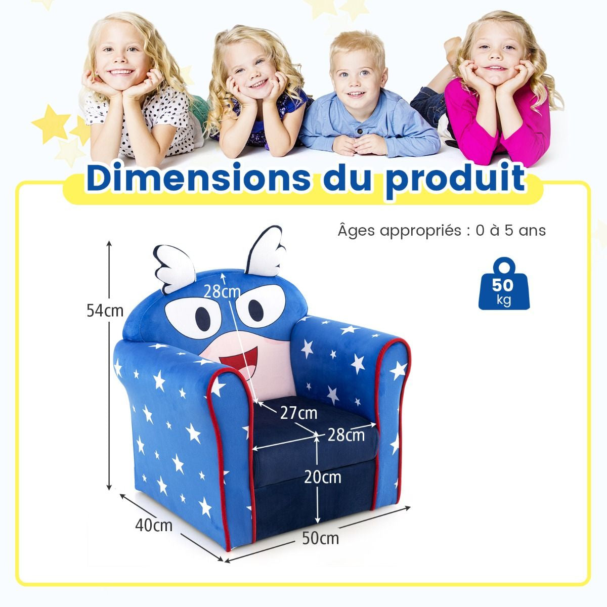 Fauteuil Bébé En Velours Cadre En Bois Patins Antidérapants Canapé Enfants 0-5 Ans Motif Aile