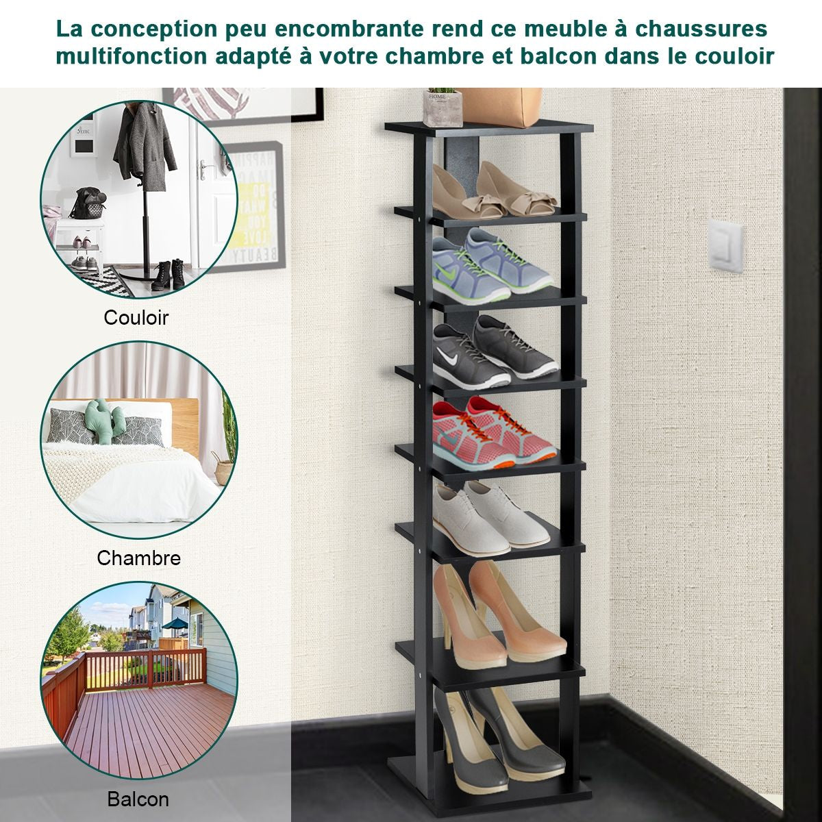 Meuble À Chaussures 7 Niveaux En Forme De Tour Peu Encombrante Rangement D'Angle 27X26X110Cm Café/Noir/Blanc/Gris