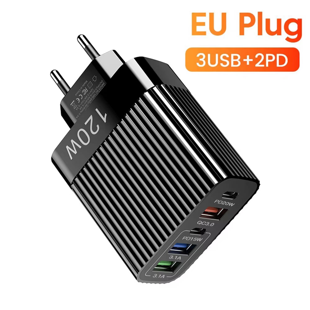 USB Fast Charger 5 Ports PD Type C Quick Charge Phone Charger Adapter for Iphone 15 Pro Samsung Xiaomi Huawei USB C Wall Charger