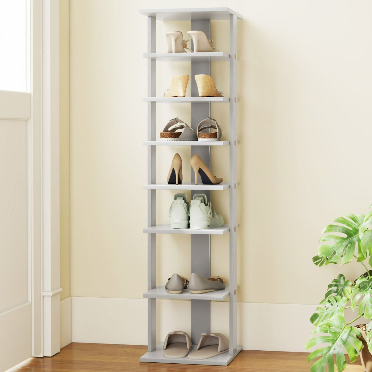 Meuble À Chaussures 7 Niveaux En Forme De Tour Peu Encombrante Rangement D'Angle 27X26X110Cm Café/Noir/Blanc/Gris