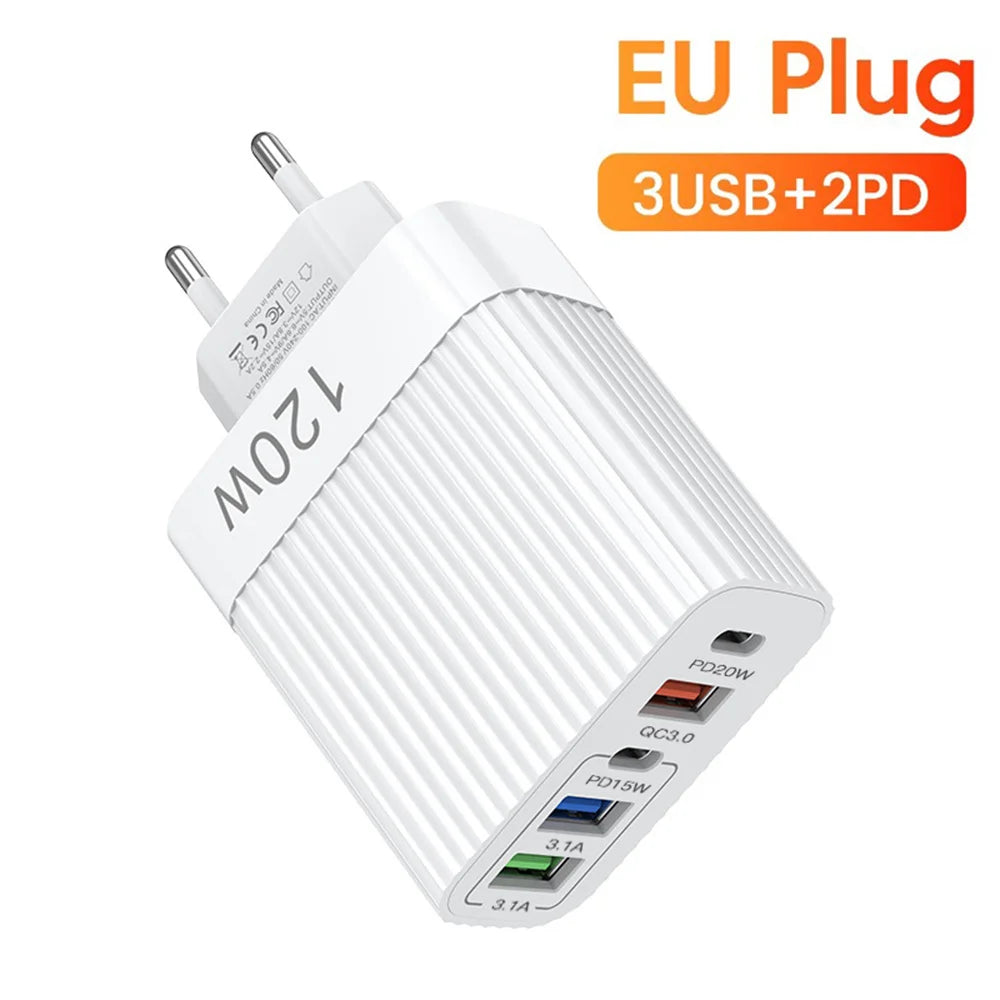 USB Fast Charger 5 Ports PD Type C Quick Charge Phone Charger Adapter for Iphone 15 Pro Samsung Xiaomi Huawei USB C Wall Charger