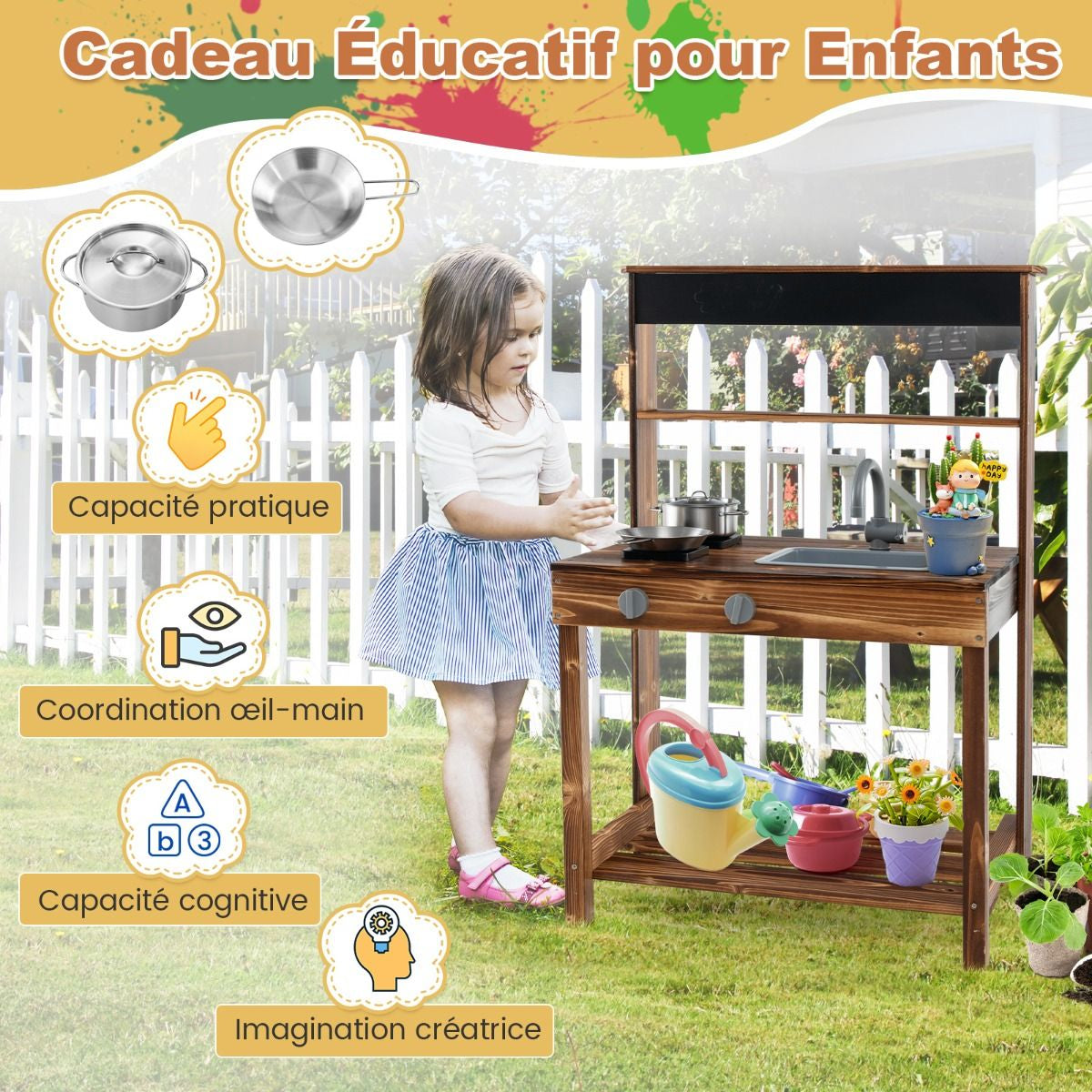 Cuisine Enfant Extérieure En Bois De Sapin 2 Accessoires 65 X 40 X 96 Cm Pour 3-7 Ans Naturel