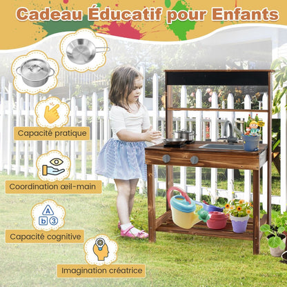 Cuisine Enfant Extérieure En Bois De Sapin 2 Accessoires 65 X 40 X 96 Cm Pour 3-7 Ans Naturel