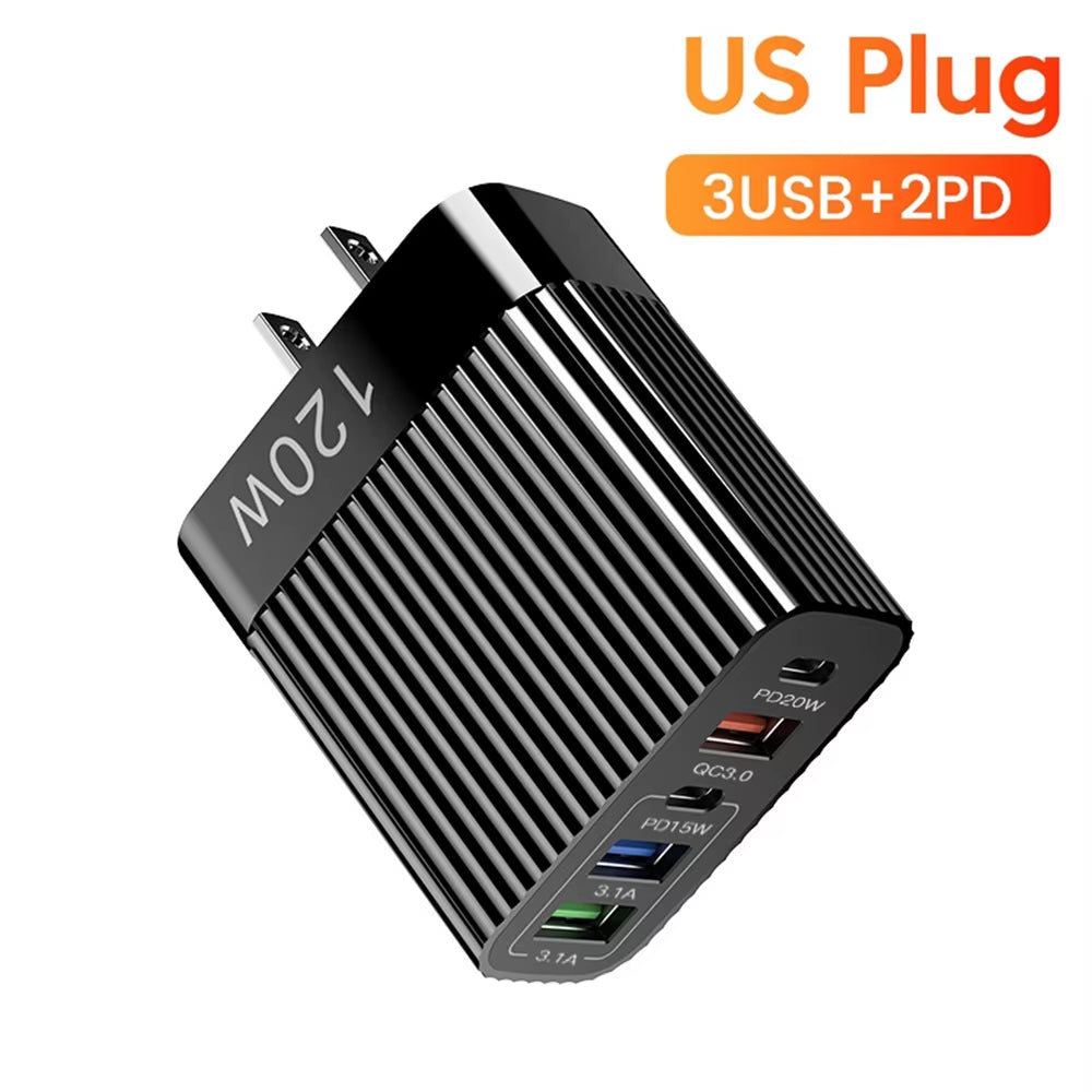 USB Fast Charger 5 Ports PD Type C Quick Charge Phone Charger Adapter for Iphone 15 Pro Samsung Xiaomi Huawei USB C Wall Charger