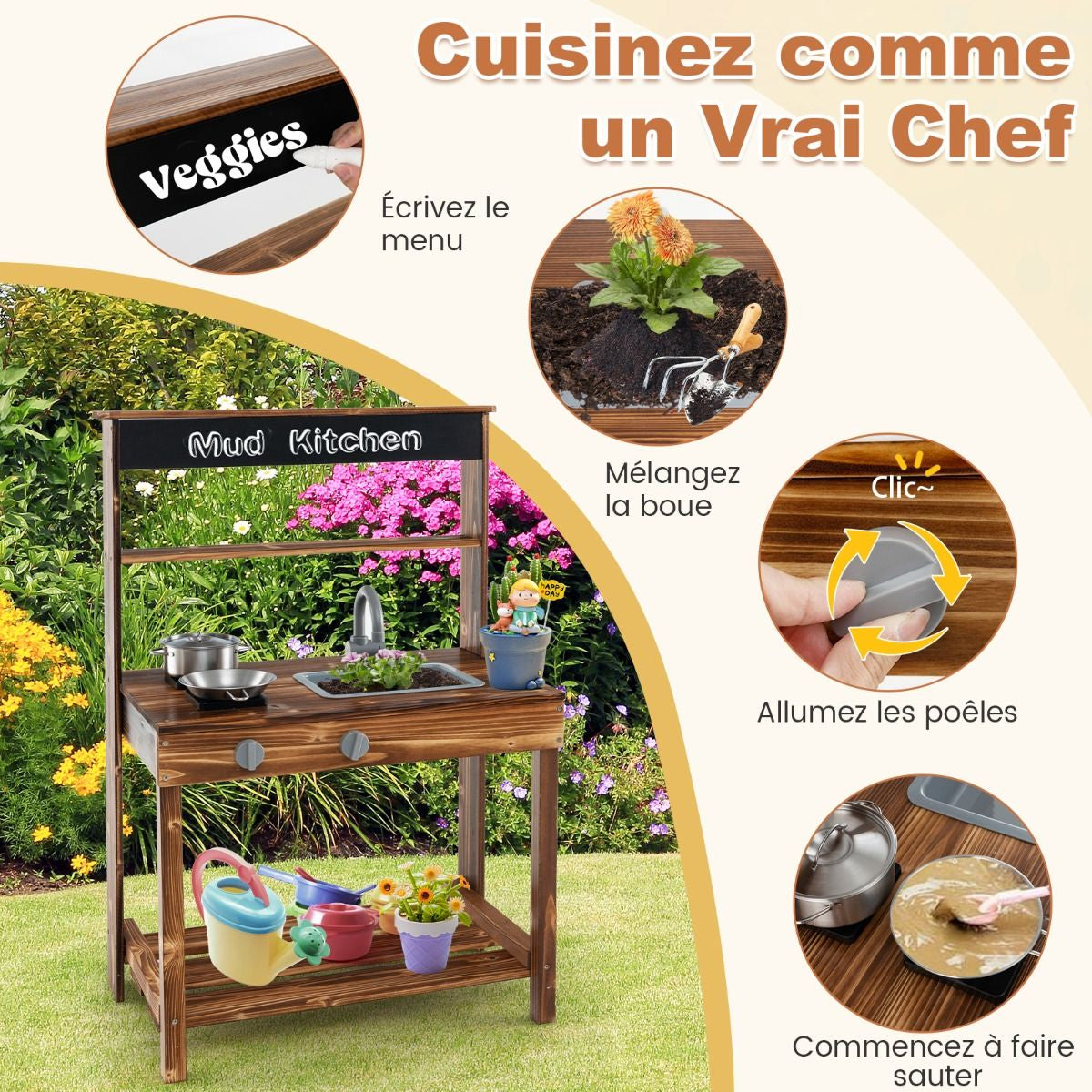 Cuisine Enfant Extérieure En Bois De Sapin 2 Accessoires 65 X 40 X 96 Cm Pour 3-7 Ans Naturel