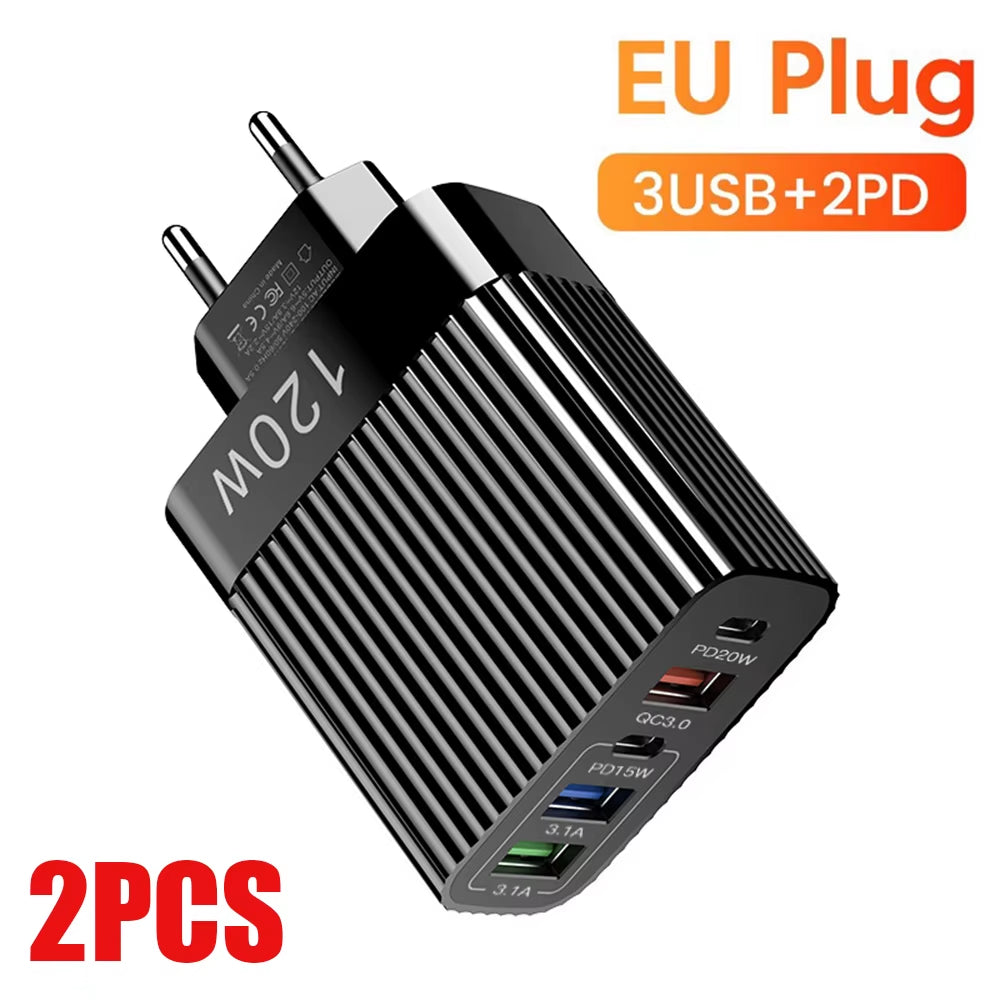 USB Fast Charger 5 Ports PD Type C Quick Charge Phone Charger Adapter for Iphone 15 Pro Samsung Xiaomi Huawei USB C Wall Charger