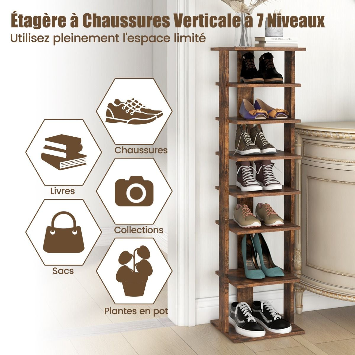 Meuble À Chaussures 7 Niveaux En Forme De Tour Peu Encombrante Rangement D'Angle 27X26X110Cm Café/Noir/Blanc/Gris