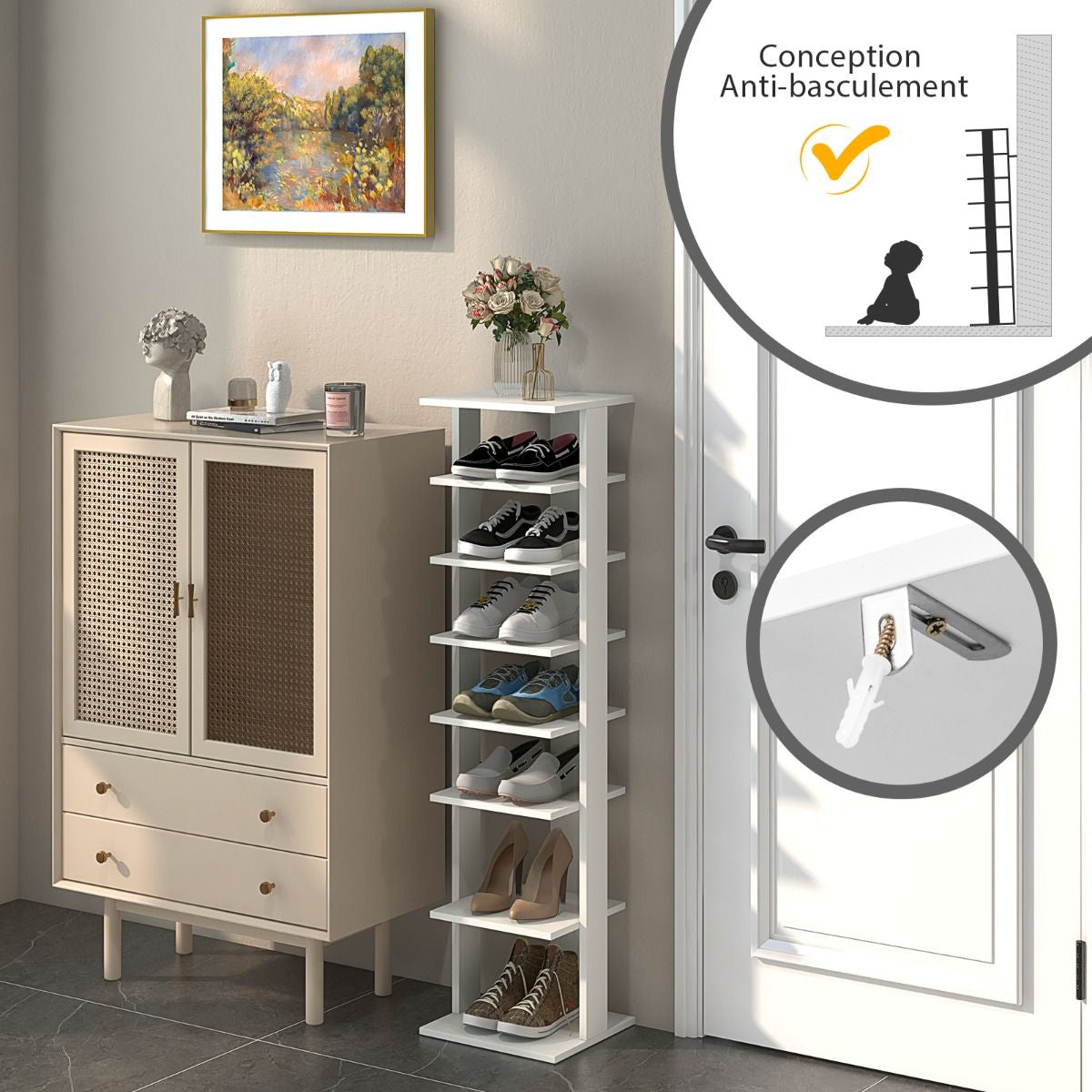 Meuble À Chaussures 7 Niveaux En Forme De Tour Peu Encombrante Rangement D'Angle 27X26X110Cm Café/Noir/Blanc/Gris