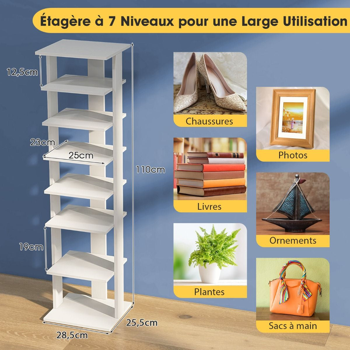 Meuble À Chaussures 7 Niveaux En Forme De Tour Peu Encombrante Rangement D'Angle 27X26X110Cm Café/Noir/Blanc/Gris