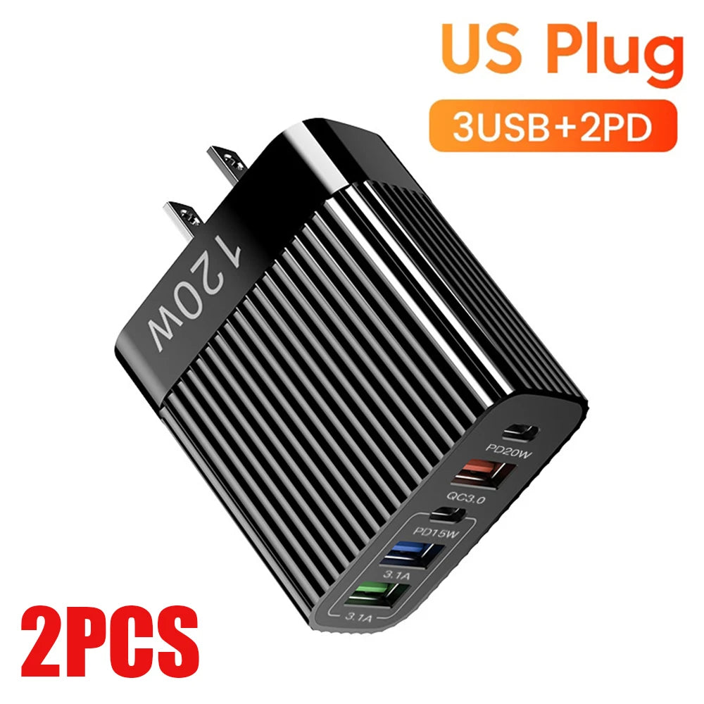USB Fast Charger 5 Ports PD Type C Quick Charge Phone Charger Adapter for Iphone 15 Pro Samsung Xiaomi Huawei USB C Wall Charger