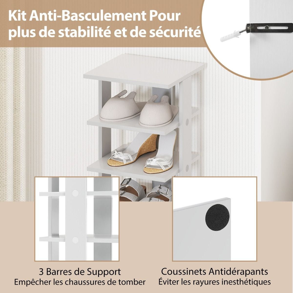 Meuble À Chaussures 7 Niveaux En Forme De Tour Peu Encombrante Rangement D'Angle 27X26X110Cm Café/Noir/Blanc/Gris