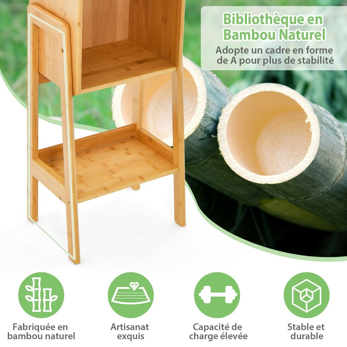Bibliothèque Étagère Rangement En Bambou Meuble Case Compartiment Cube Pieds Bords Surélevés 26,5 X 37 X 113 CM Naturel