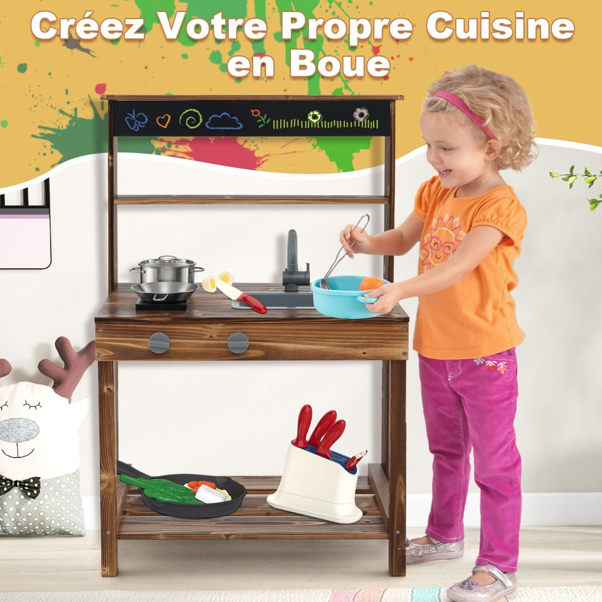 Cuisine Enfant Extérieure En Bois De Sapin 2 Accessoires 65 X 40 X 96 Cm Pour 3-7 Ans Naturel