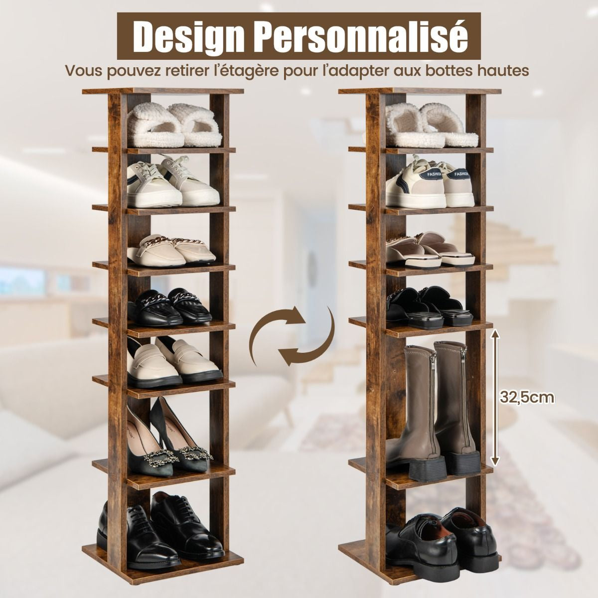 Meuble À Chaussures 7 Niveaux En Forme De Tour Peu Encombrante Rangement D'Angle 27X26X110Cm Café/Noir/Blanc/Gris