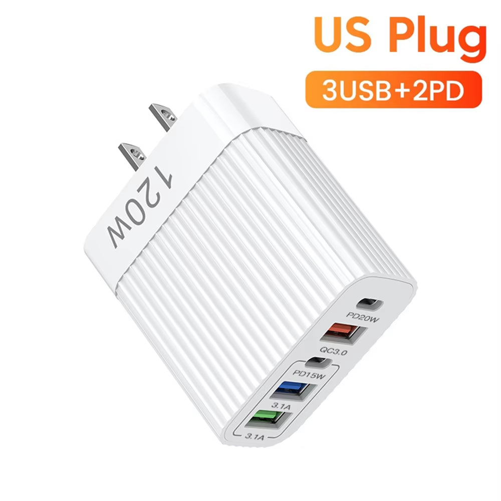 USB Fast Charger 5 Ports PD Type C Quick Charge Phone Charger Adapter for Iphone 15 Pro Samsung Xiaomi Huawei USB C Wall Charger