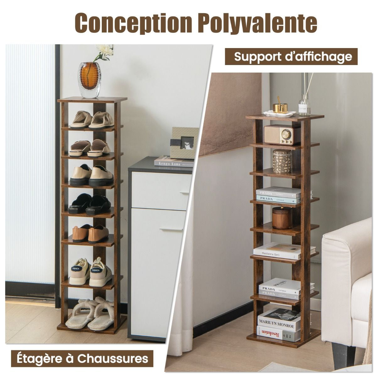 Meuble À Chaussures 7 Niveaux En Forme De Tour Peu Encombrante Rangement D'Angle 27X26X110Cm Café/Noir/Blanc/Gris