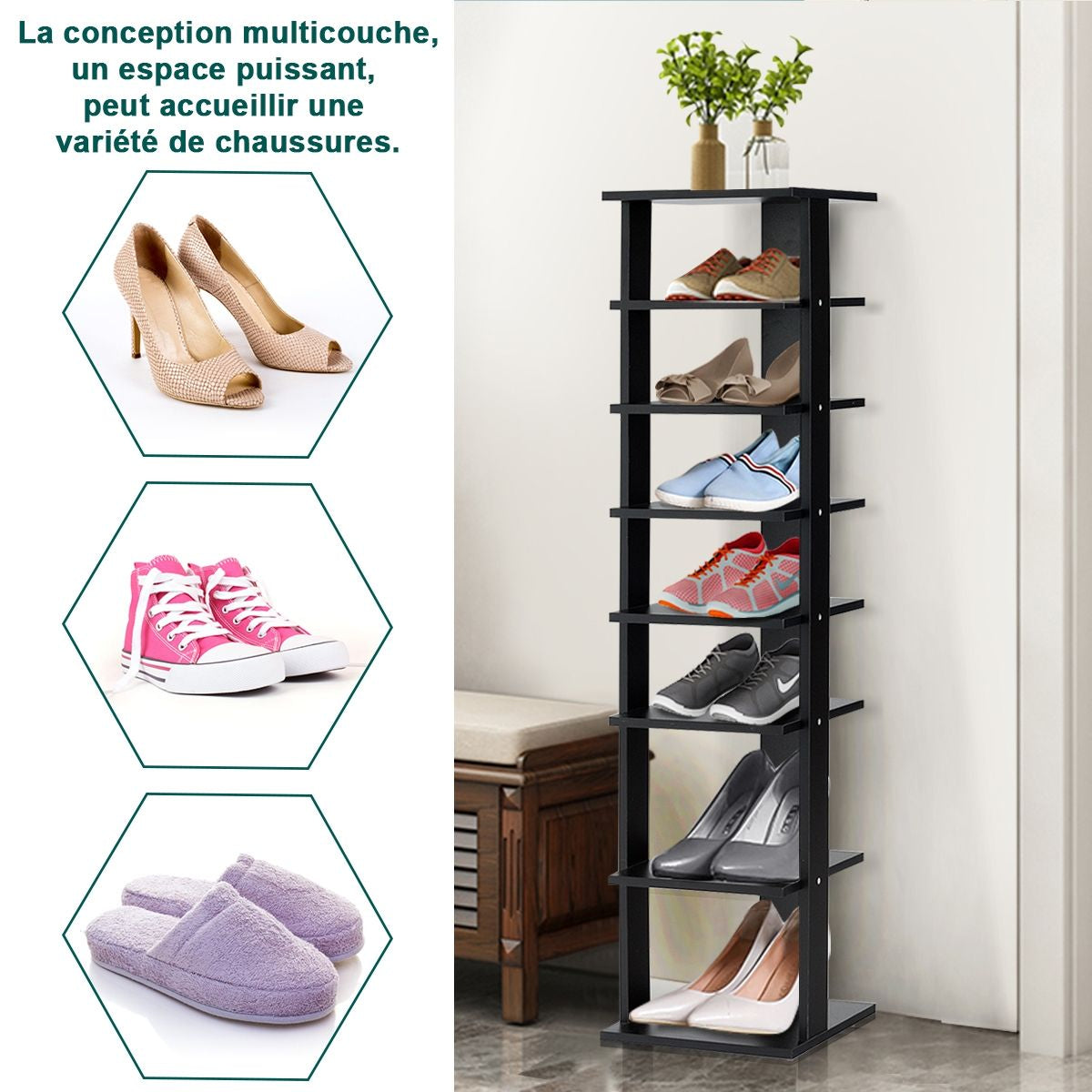 Meuble À Chaussures 7 Niveaux En Forme De Tour Peu Encombrante Rangement D'Angle 27X26X110Cm Café/Noir/Blanc/Gris