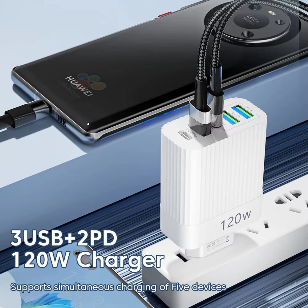 USB Fast Charger 5 Ports PD Type C Quick Charge Phone Charger Adapter for Iphone 15 Pro Samsung Xiaomi Huawei USB C Wall Charger
