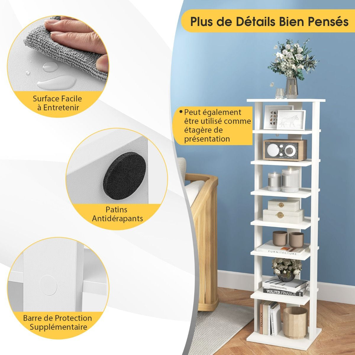 Meuble À Chaussures 7 Niveaux En Forme De Tour Peu Encombrante Rangement D'Angle 27X26X110Cm Café/Noir/Blanc/Gris