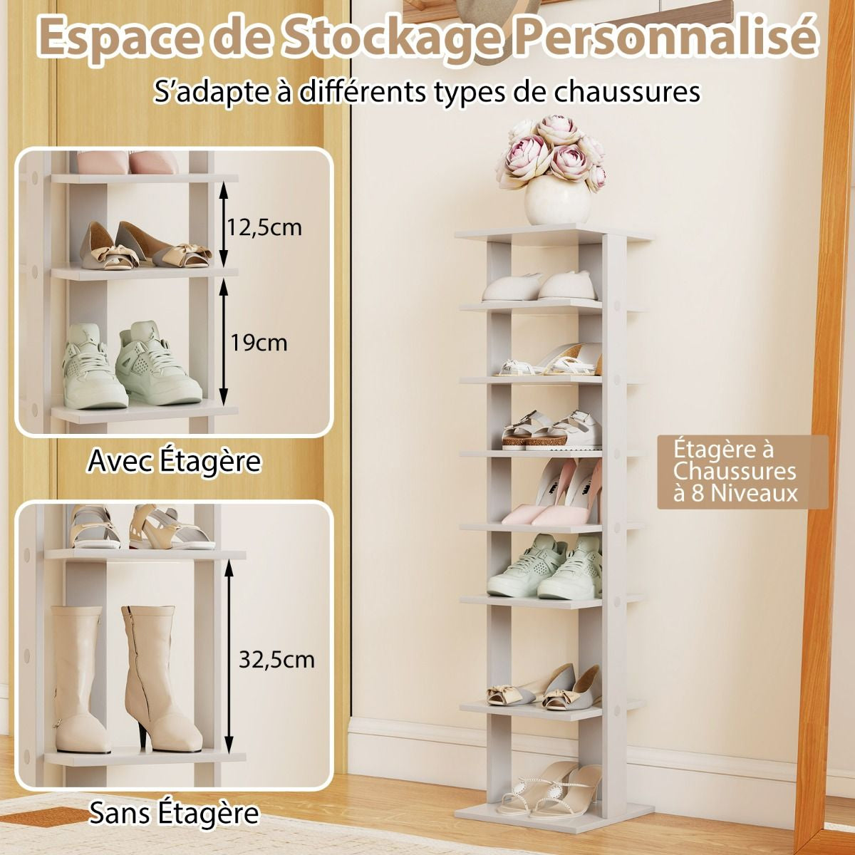 Meuble À Chaussures 7 Niveaux En Forme De Tour Peu Encombrante Rangement D'Angle 27X26X110Cm Café/Noir/Blanc/Gris