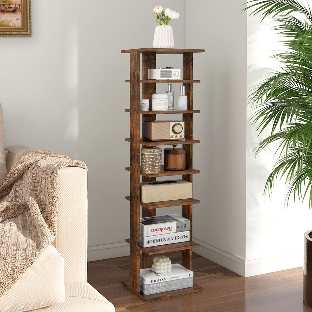 Meuble À Chaussures 7 Niveaux En Forme De Tour Peu Encombrante Rangement D'Angle 27X26X110Cm Café/Noir/Blanc/Gris