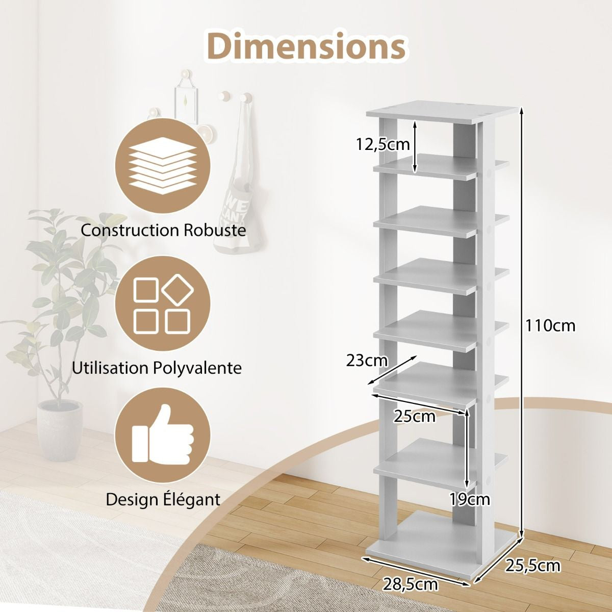 Meuble À Chaussures 7 Niveaux En Forme De Tour Peu Encombrante Rangement D'Angle 27X26X110Cm Café/Noir/Blanc/Gris
