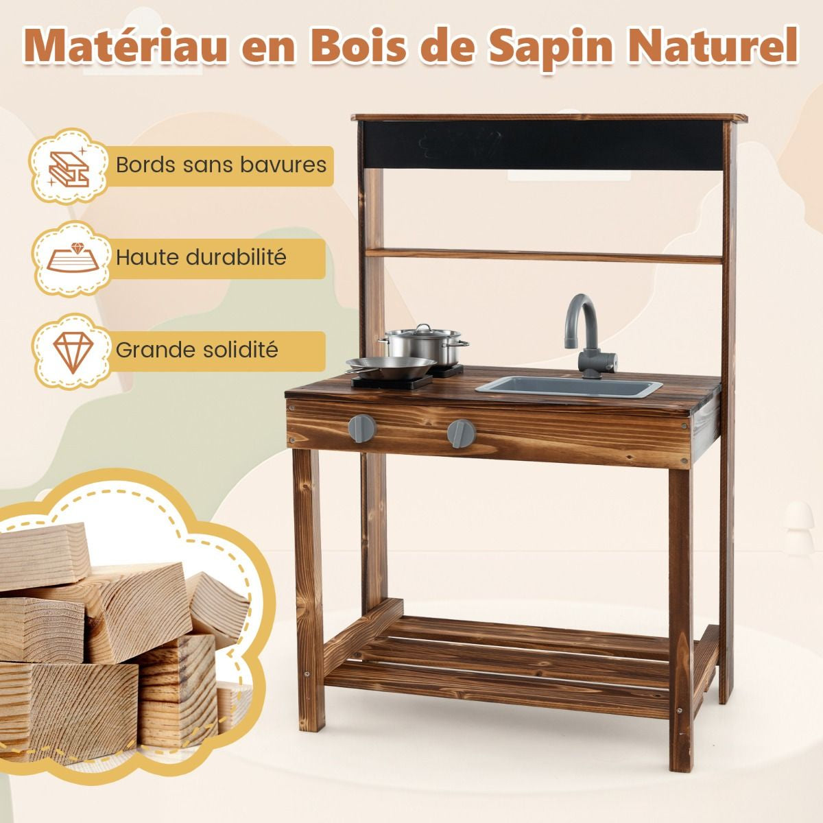 Cuisine Enfant Extérieure En Bois De Sapin 2 Accessoires 65 X 40 X 96 Cm Pour 3-7 Ans Naturel