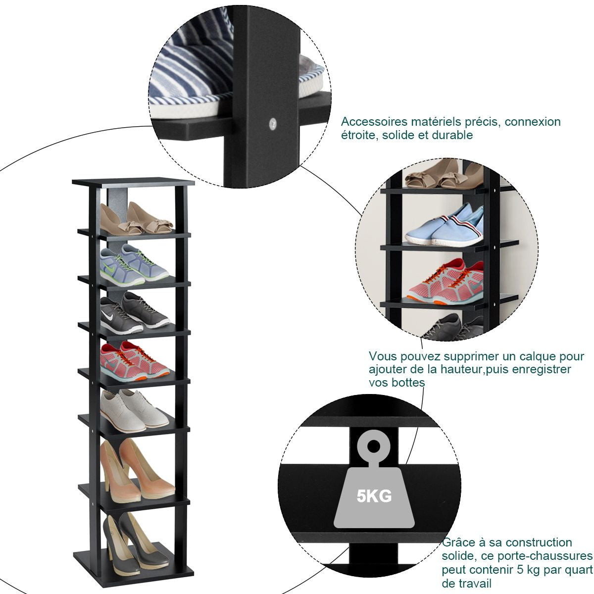 Meuble À Chaussures 7 Niveaux En Forme De Tour Peu Encombrante Rangement D'Angle 27X26X110Cm Café/Noir/Blanc/Gris