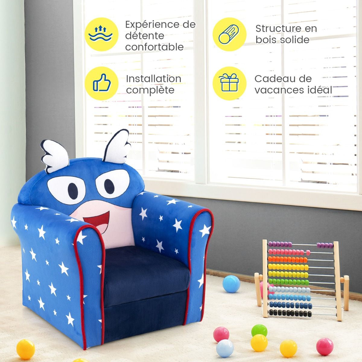 Fauteuil Bébé En Velours Cadre En Bois Patins Antidérapants Canapé Enfants 0-5 Ans Motif Aile