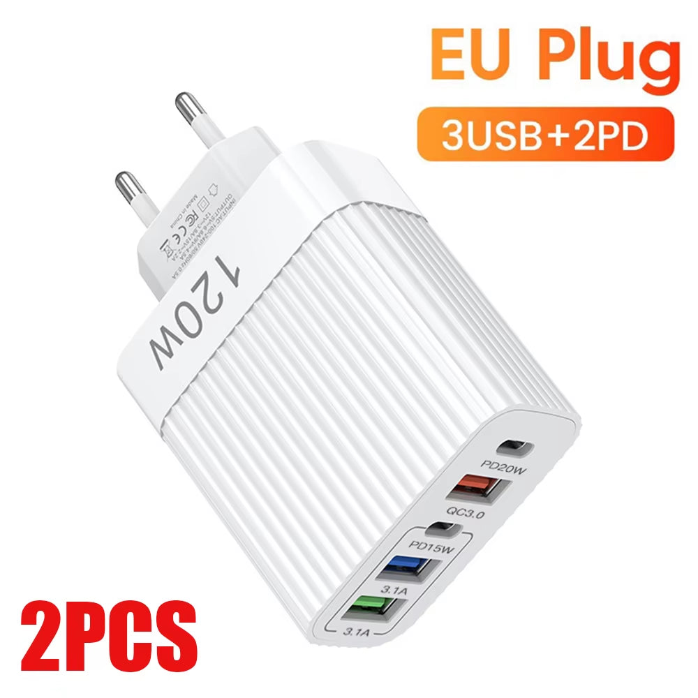 USB Fast Charger 5 Ports PD Type C Quick Charge Phone Charger Adapter for Iphone 15 Pro Samsung Xiaomi Huawei USB C Wall Charger